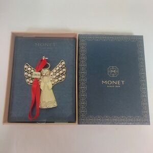 Monet Angel Ornament Gold Tone Faux Pearl Christmas‎ Holiday Gift Boxed